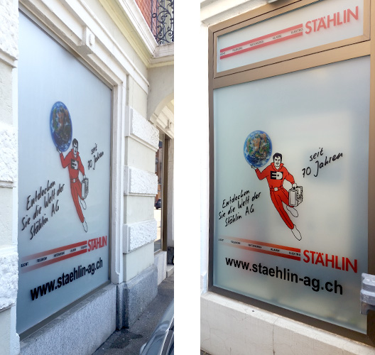 Schaufenster vom Standort der Stählin AG mit den neuen Bildern von ppsign