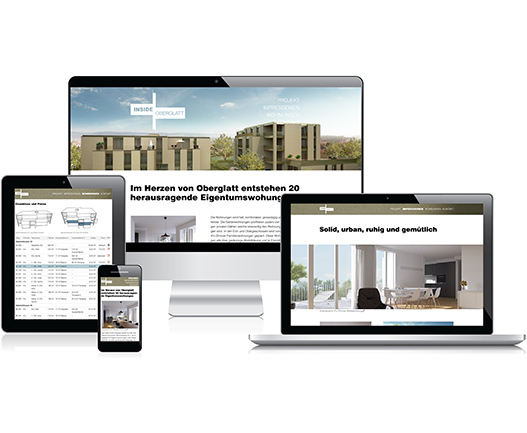 Responsive Ansichten der neuen Website für das Bauprojekt Inside Oberglatt von der Pedrocchi Architektur GmbH und ZBK Architekten AG