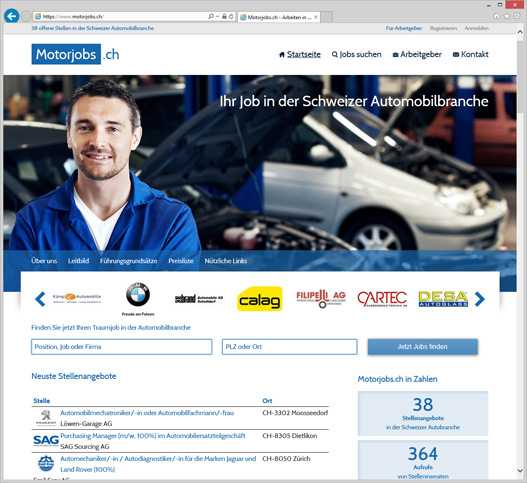 Screenshot von Motorjobs.ch - Stellenportal für die Schweizer Automobilbranche