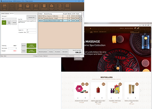Screenshot vom ppsign Business Manager (PBM) und der neuen Webseite inkl. E-Shop