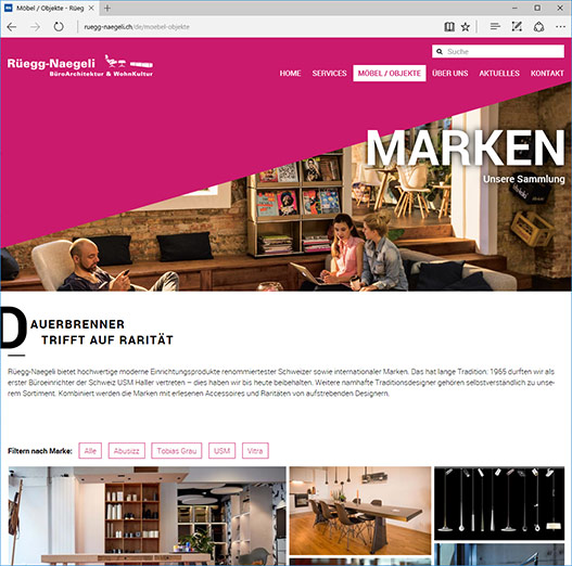 Screenshot der neuen Rüegg-Naegeli Webseite - dank dynamischer Farbwahl kann die Webseite beliebig eingefärbt werden - hier in Pink