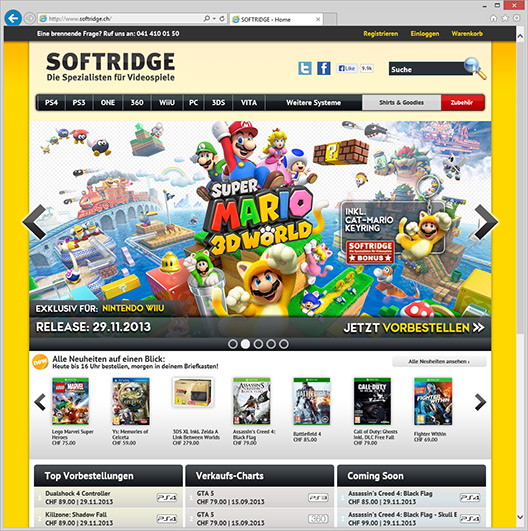 Die Homepage von Softridge - inklusive Slider und Auflistung der beliebtesten Produkte