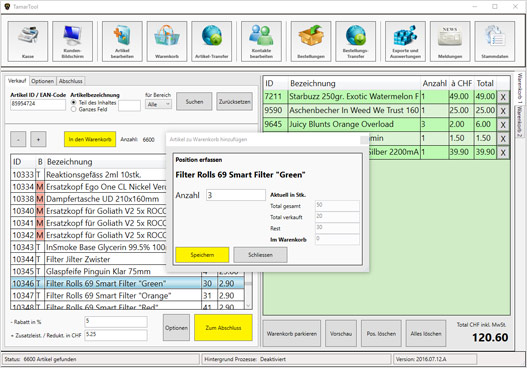 Screenshot der neu für die Tamar Trade GmbH entwickelten Kassenoberfläche.